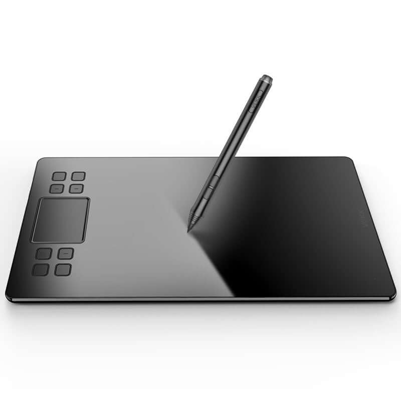 Digital drawing board with a stylus, featuring a sleek black design and touch functionality for artists.