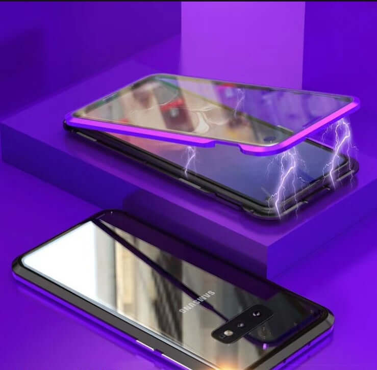 Samsung S10plus/S10lite magnetar double-sided glass case in purple with lightning effect, showcasing sleek design and protection.