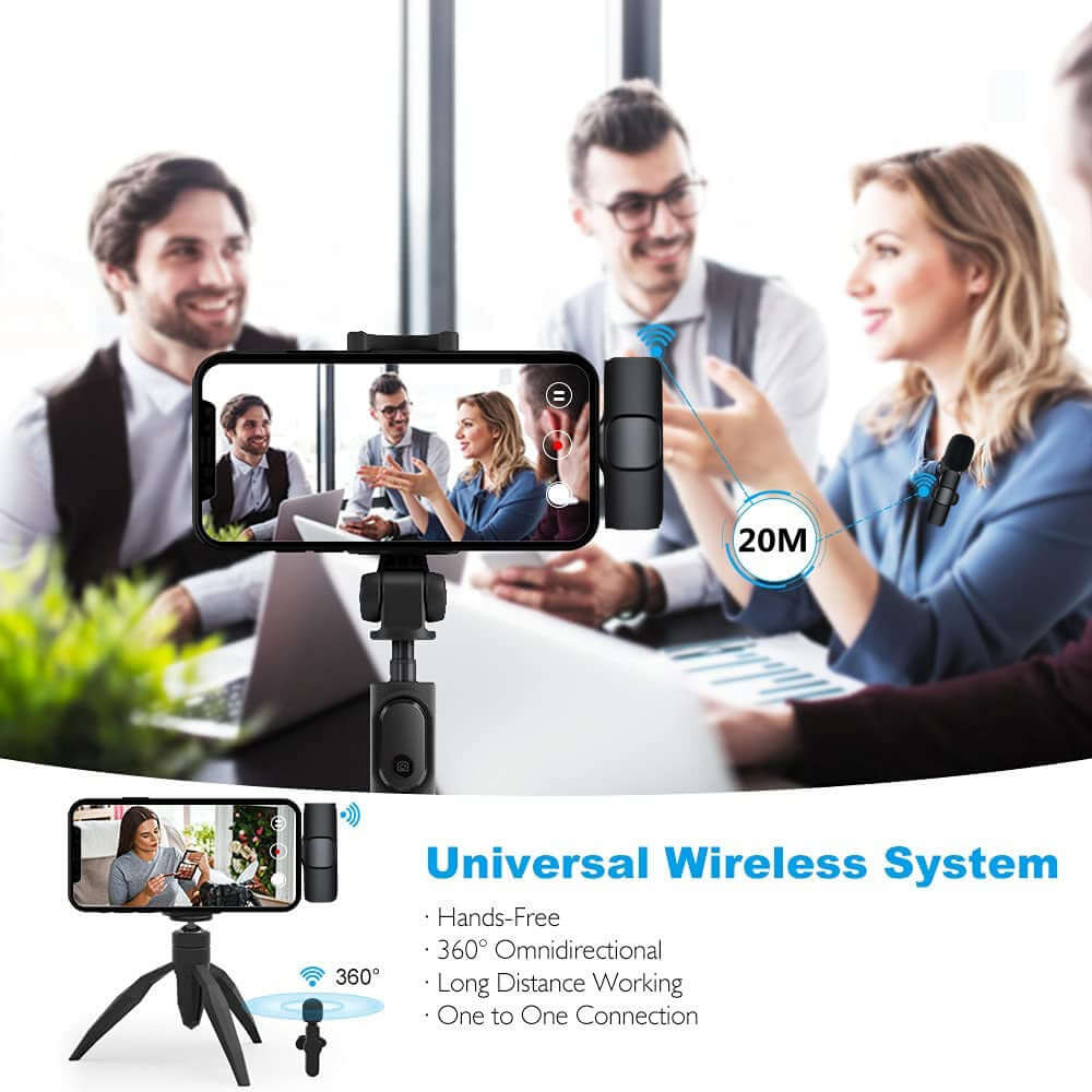 Wireless lavalier microphone setup with smartphone and tripod for hands-free video recording in a meeting.