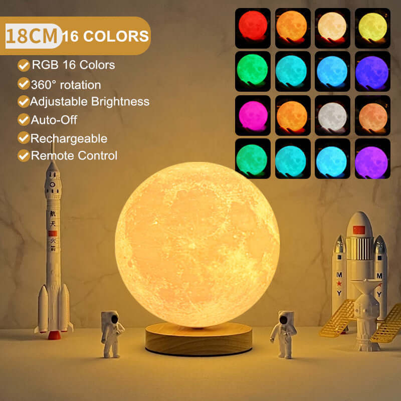 Creative 3D magnetic levitating moon lamp, 18cm with RGB 16 colors, remote control, adjustable brightness, and 360° rotation.