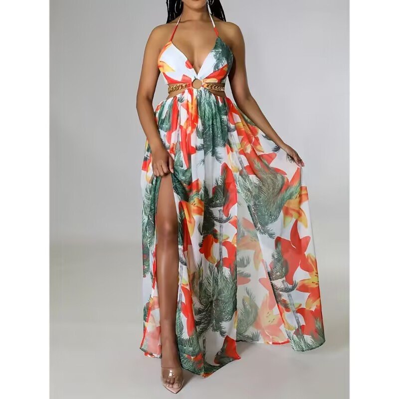 Elegant Womens Floral Print Halter V - neck Backless Side - Slit Dress Cut Out Waist Chain Sleeveless High Side Split Fit Flare Maxi Long Dresses - DBMP (Electronics And More Store)
