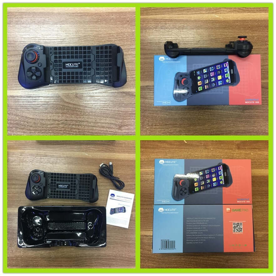 Eat Chicken PUBG Gamepad with ergonomic design, Bluetooth, charger, and packaging on a wooden surface.