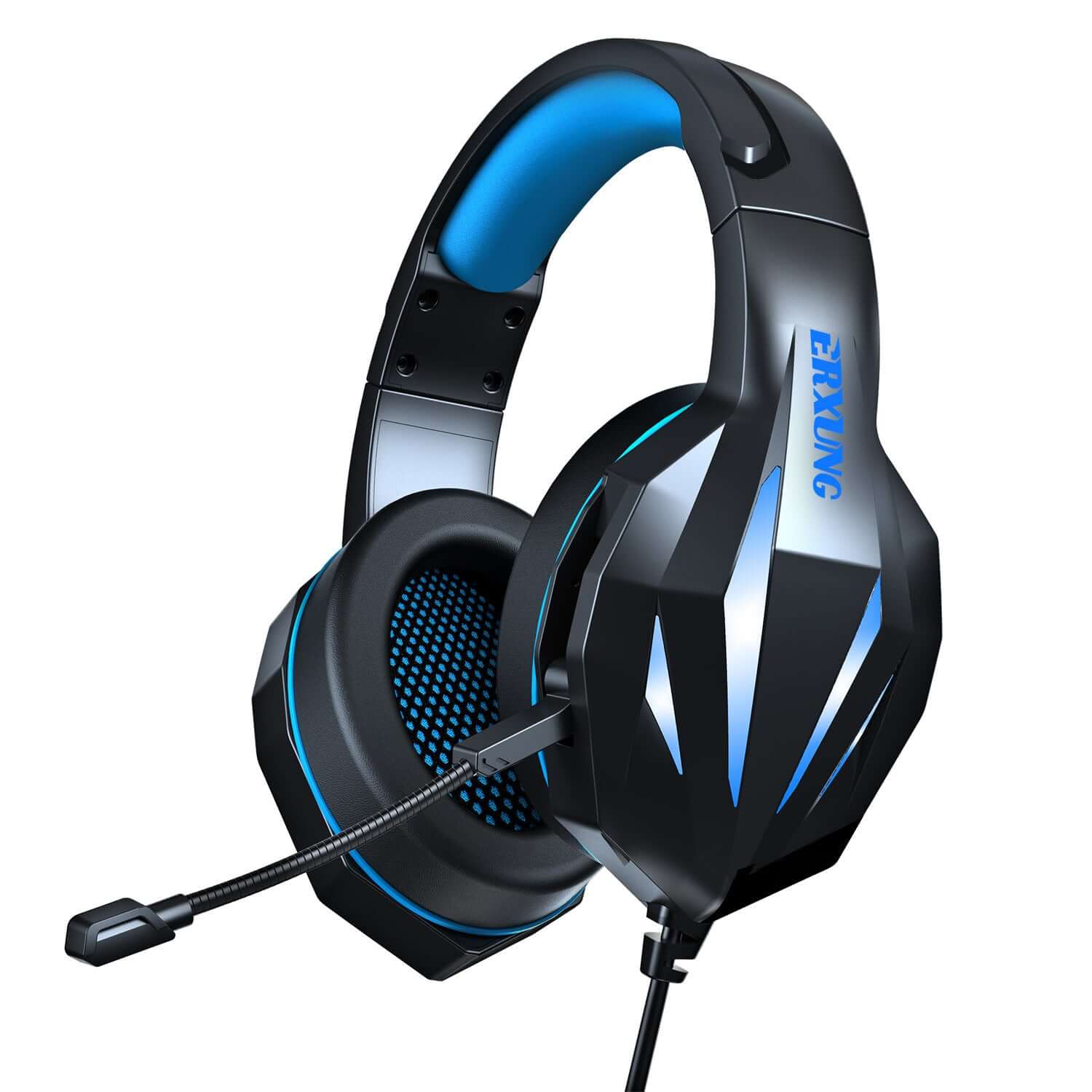 Wired gaming headset with luminous effect, head-mounted design, and built-in microphone. Ideal for immersive gaming.