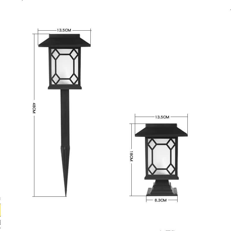 Solar powered lamp with geometric design for courtyard garden, available in different colors and styles.