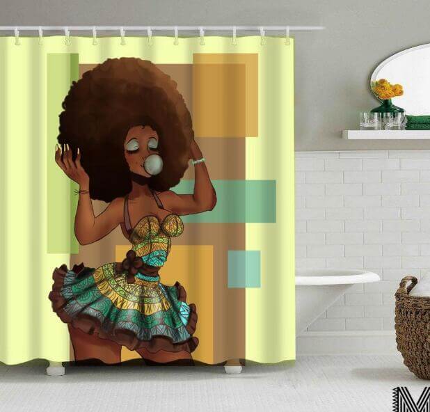 Art Design Graffiti Art Hip Hop African Girl with Black Hair Big Earring with Modern Building Shower Curtain for Bathroom Decor - DBMP (Electronics And More Store)