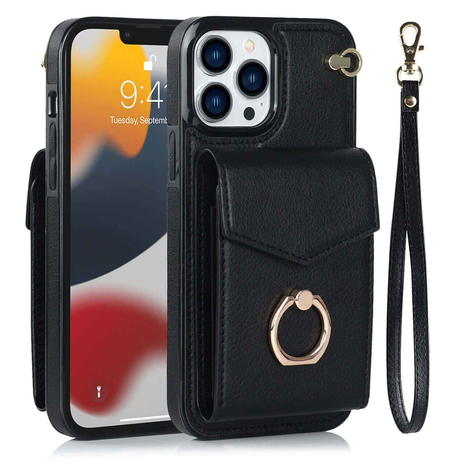 Creative black leather mobile phone cover with card pocket, lanyard, and ring holder, compatible with Apple devices.