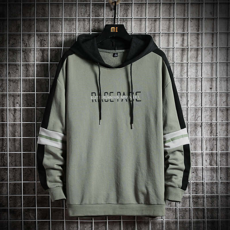 Fashion hooded long-sleeved casual sweater for men in green with black accents and white stripes.