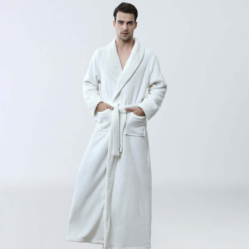 Men's winter white coral fleece nightgown with long sleeves and pockets, perfect for homewear.