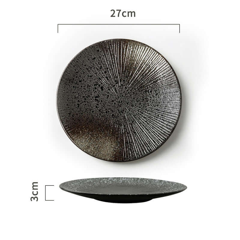 Ceramic Japanese cuisine plate with a unique textured design, 27cm diameter and 3cm height.