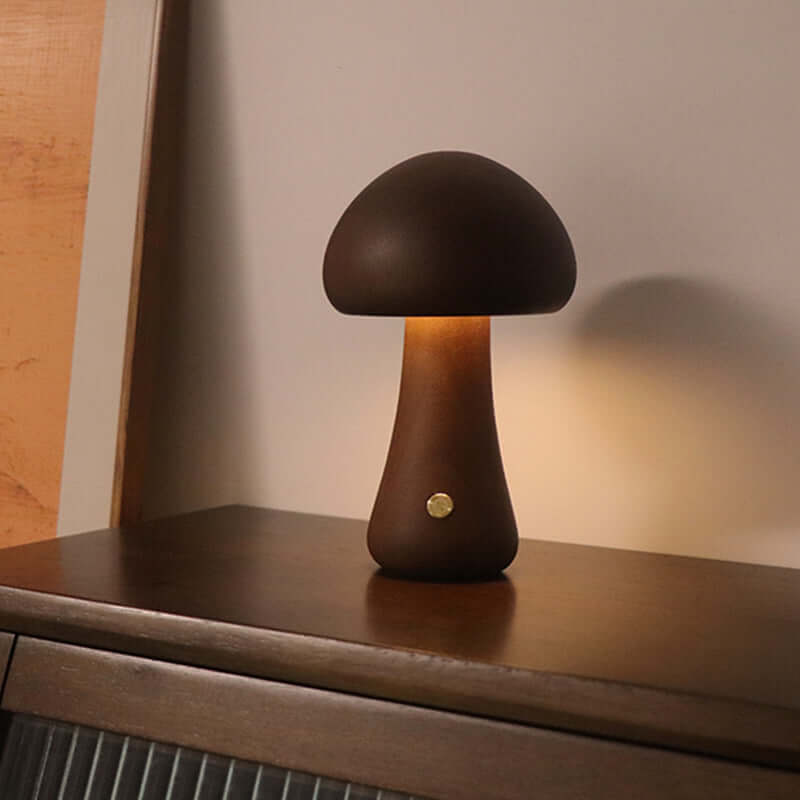 Cute wooden mushroom LED night light with touch switch on bedside table for children's room decor.