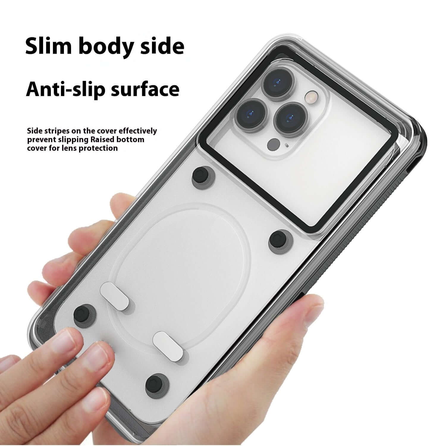 Waterproof phone case with anti-slip surface and slim body, designed for lens protection and effective heat dissipation.