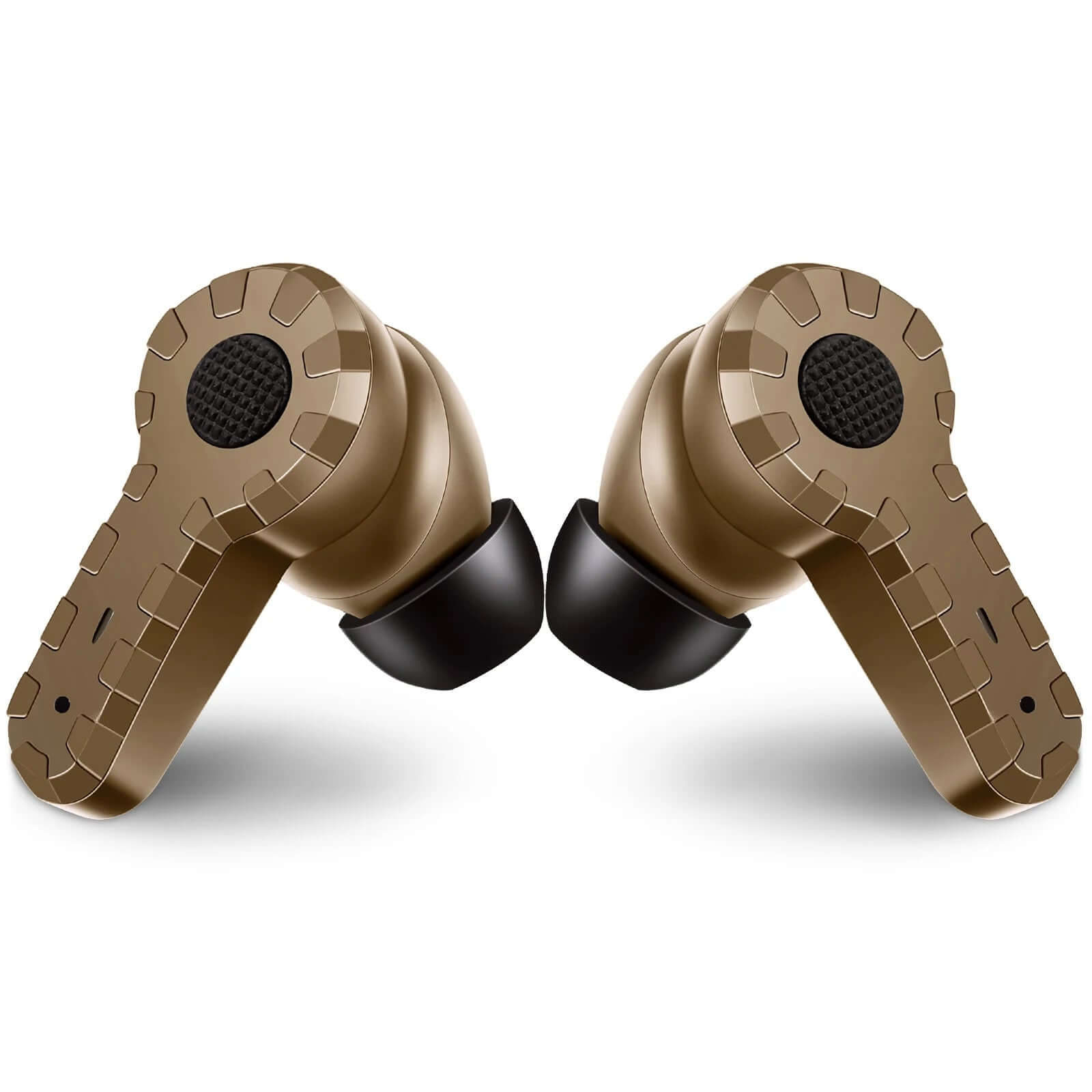 Tactical rechargeable earplugs in mud color, designed for noise reduction during shooting and industrial use.
