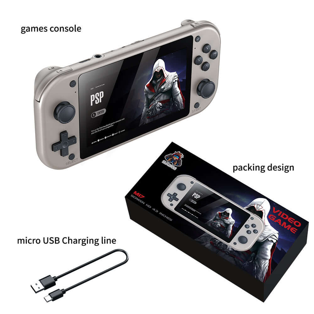 Large screen retro game console with micro USB charging line and stylish packaging, perfect for nostalgic gaming experiences.