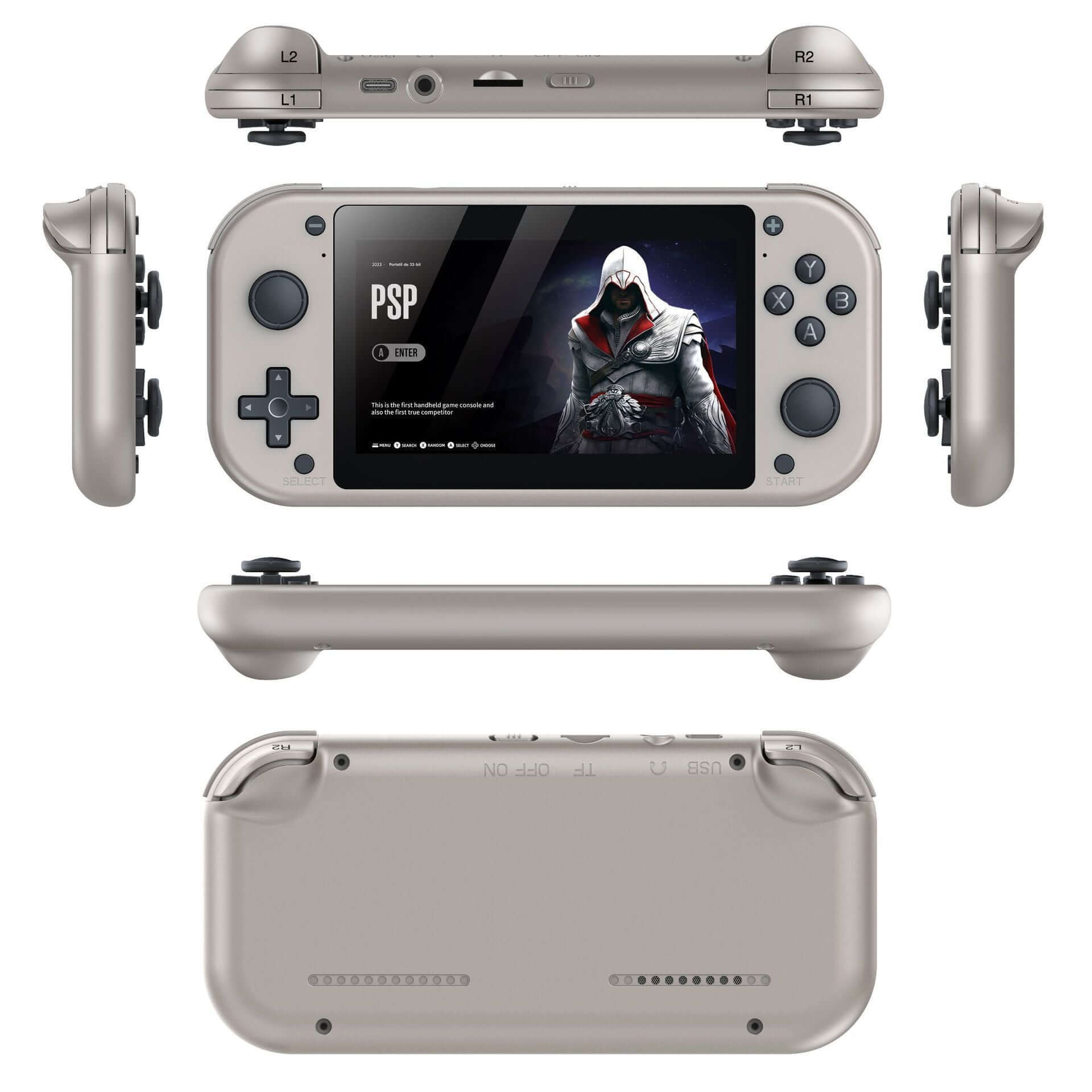 Large grey handheld gaming console with an Assassins Creed game displayed on the screen, seen from multiple angles.