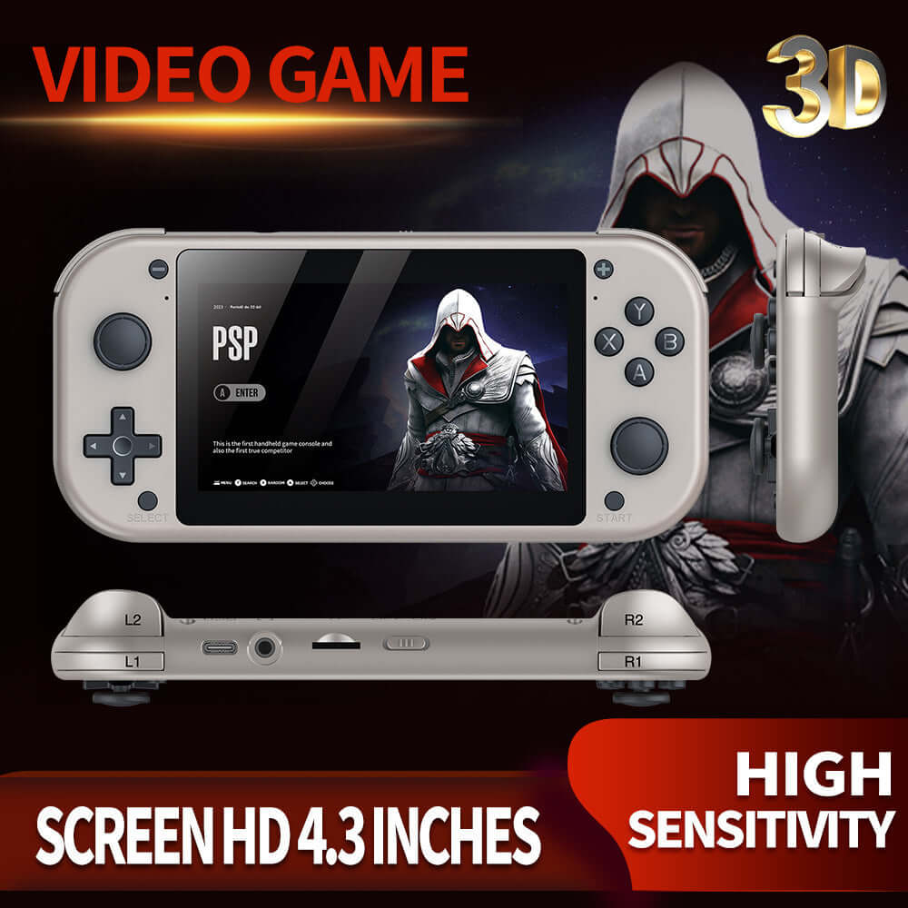 Retro portable gaming console with a 4.3-inch HD screen, featuring high sensitivity controls and classic game interface.