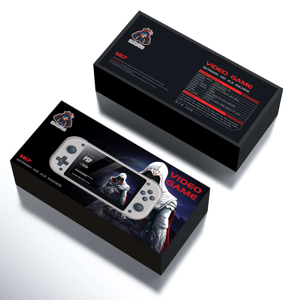 Packaging design of the M7 video game console featuring detailed graphics and specifications on a sleek black box.