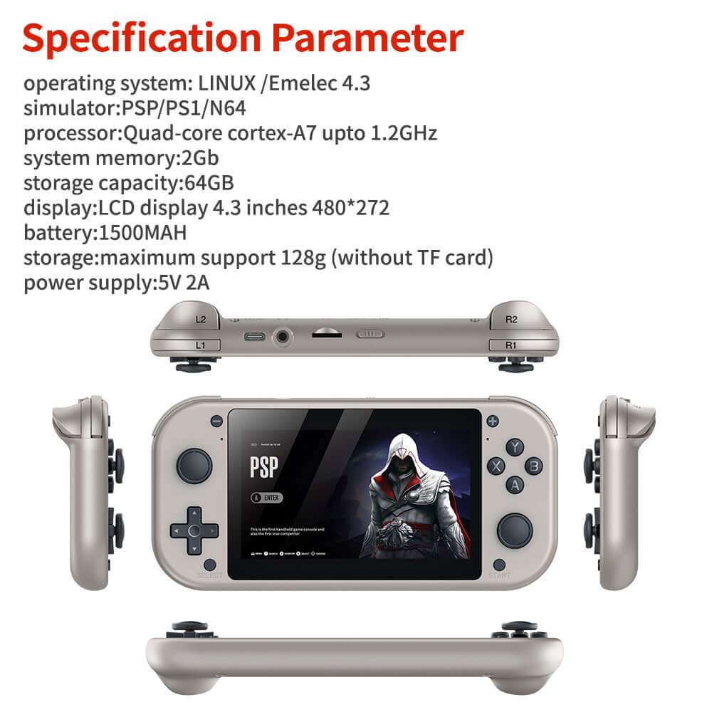 Specifications of a portable gaming console with 4.3-inch LCD, 64GB storage, and multiple gaming simulator support.