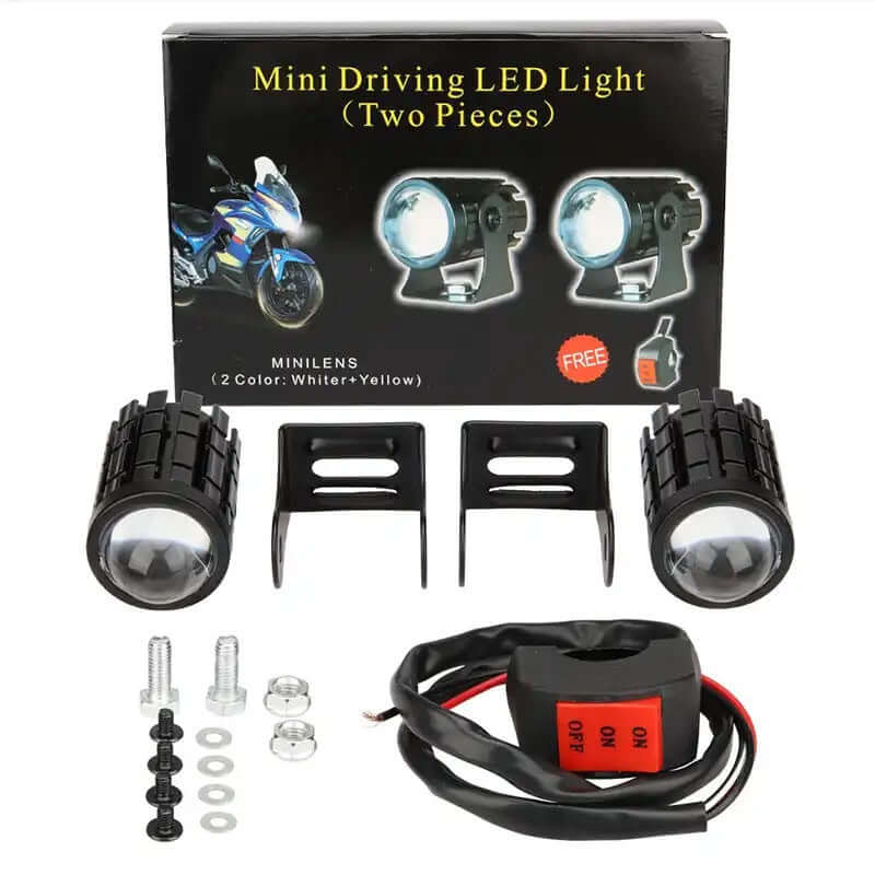Mini driving LED light kit, features two colored lenses, includes mounts and wiring for motorcycles.