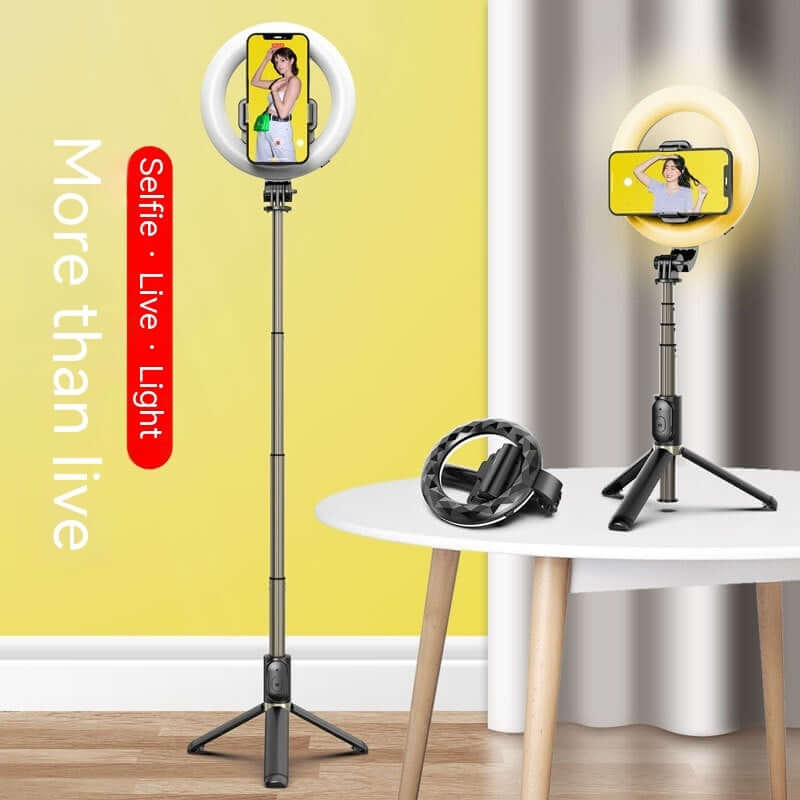 Bluetooth Self Ring LED Fill Light Tripod with adjustable height and smartphone holder for selfies and live streaming.