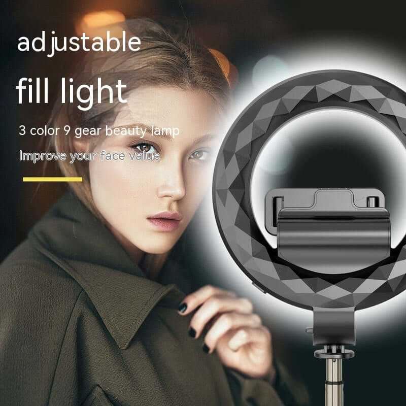 Adjustable Bluetooth fill light with three color settings for enhanced beauty, featuring a user-friendly design and tripod mount.