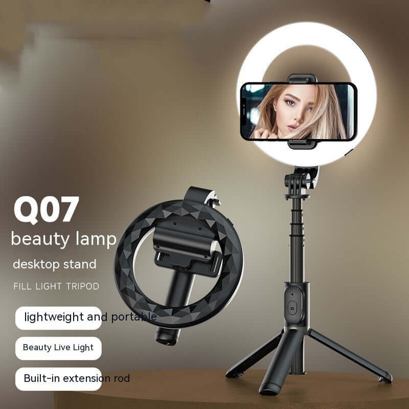 Q07 Bluetooth self ring LED fill light tripod with adjustable height and smartphone holder for beauty and live streaming.