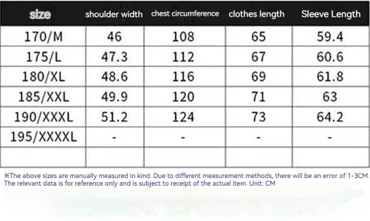 Size chart for seamless thin spring and autumn quality jacket, detailing measurements for various sizes.