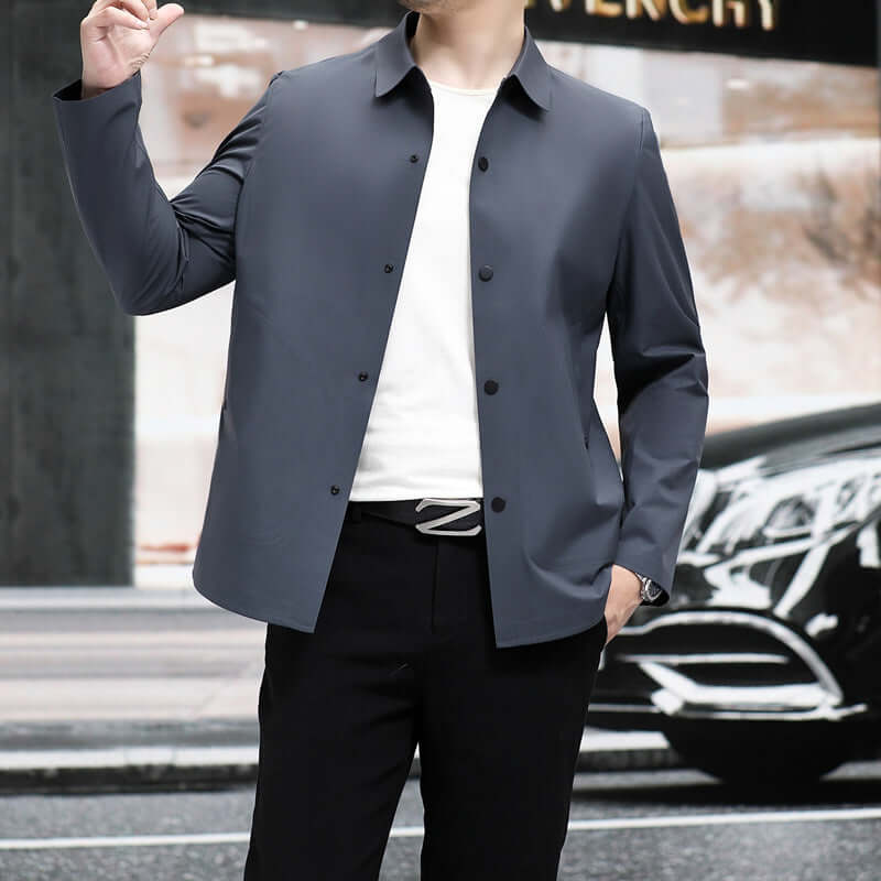 Men's seamless gray jacket, stylish slim fit, suitable for autumn and spring, high-quality polyvinyl alcohol fabric.