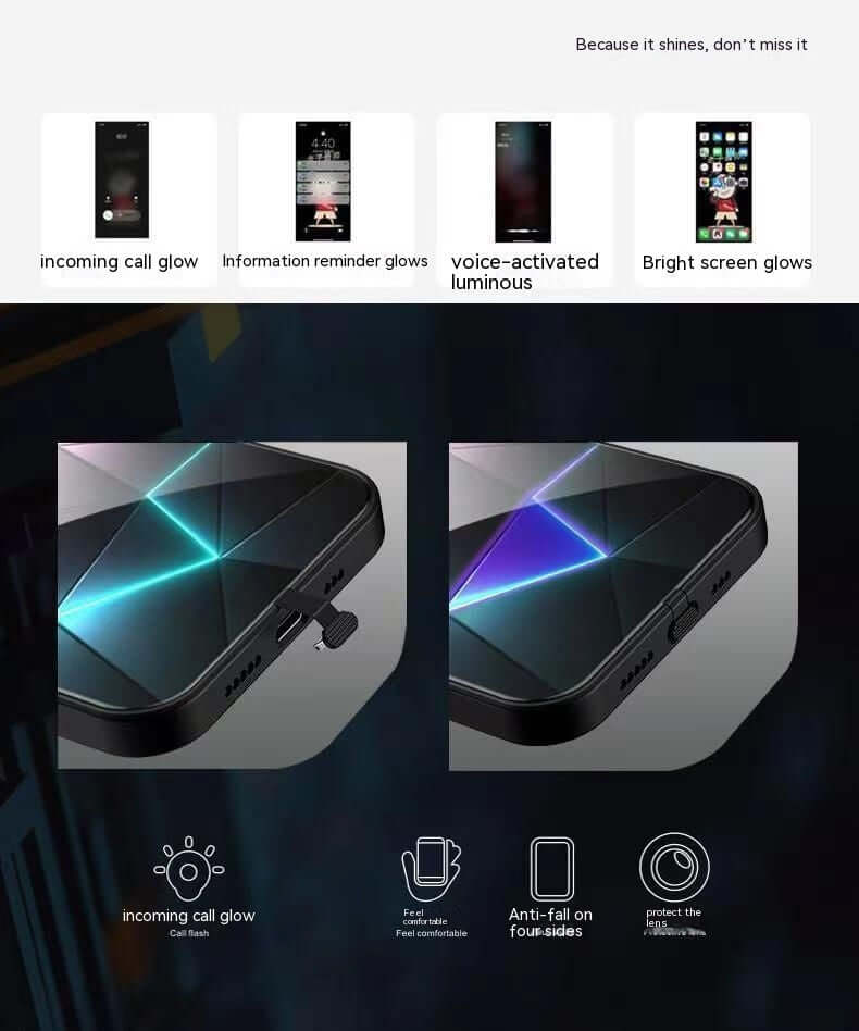 Phone case featuring glowing notifications and bright screen, designed in cartoon style, enhances Apple devices.