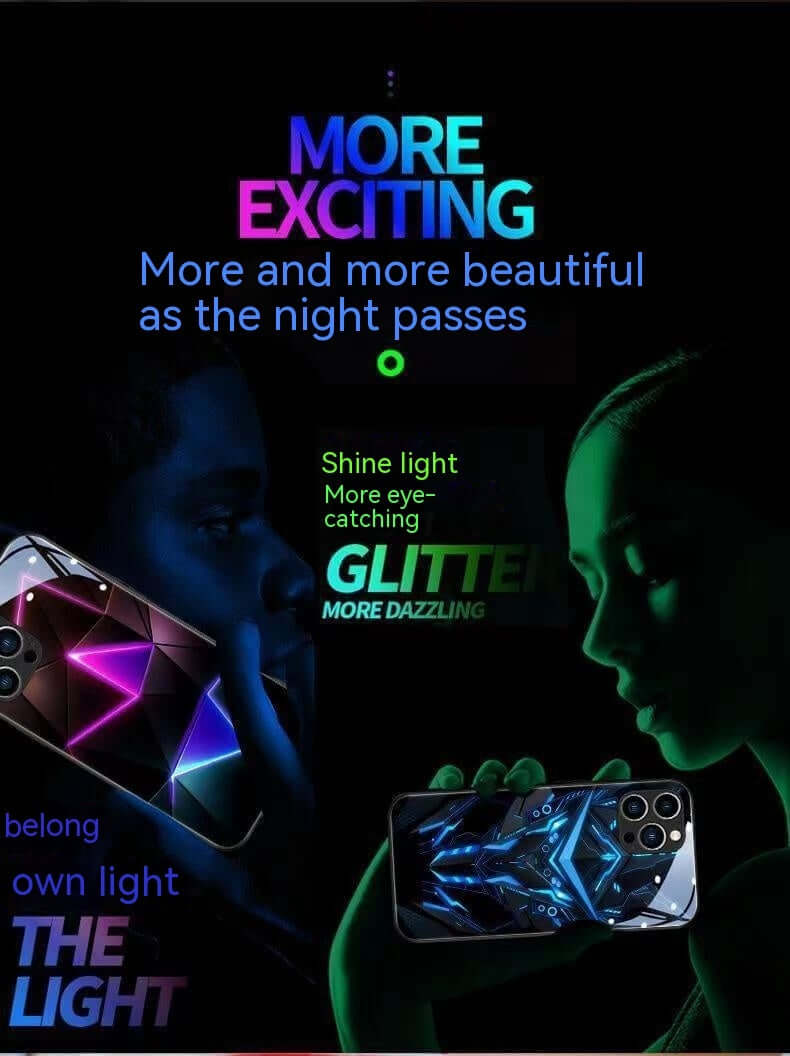 Colorful phone case glowing in dark, showcasing stylish design and anti-fingerprint feature, ideal for Apple models.