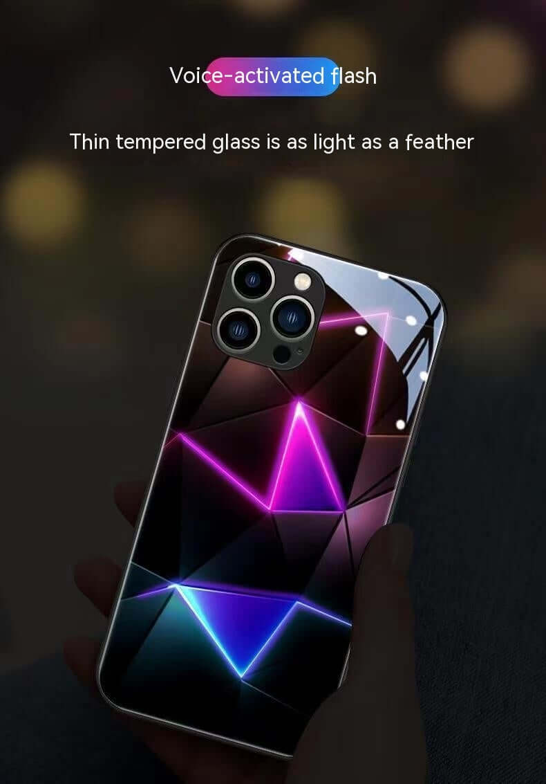 Colorful light-emitting phone case with tempered glass, featuring a voice-activated flash in a stylish design.