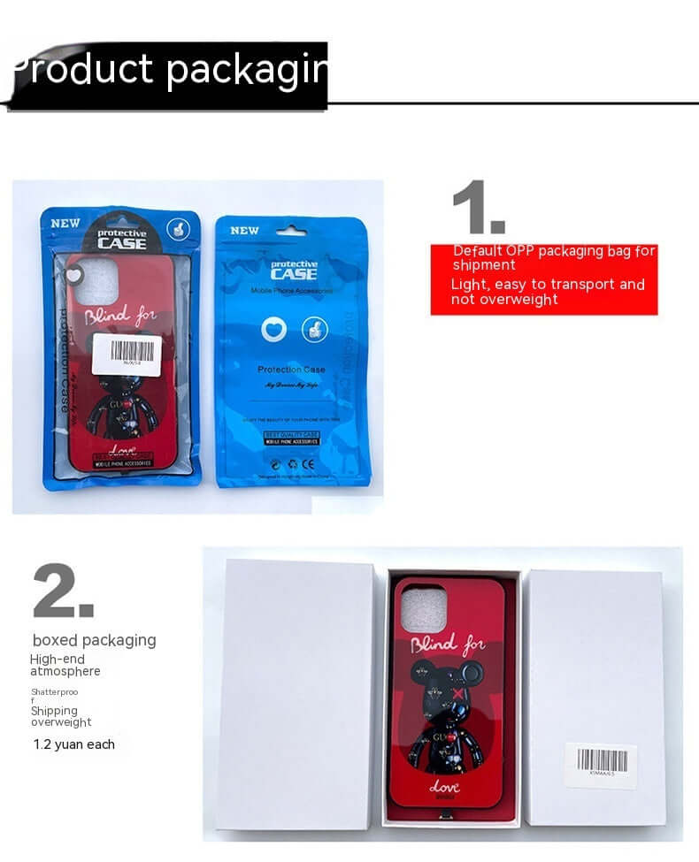 Phone case packaging showing anti-fingerprint cartoon design, suitable for Apple models, lightweight and stylish.