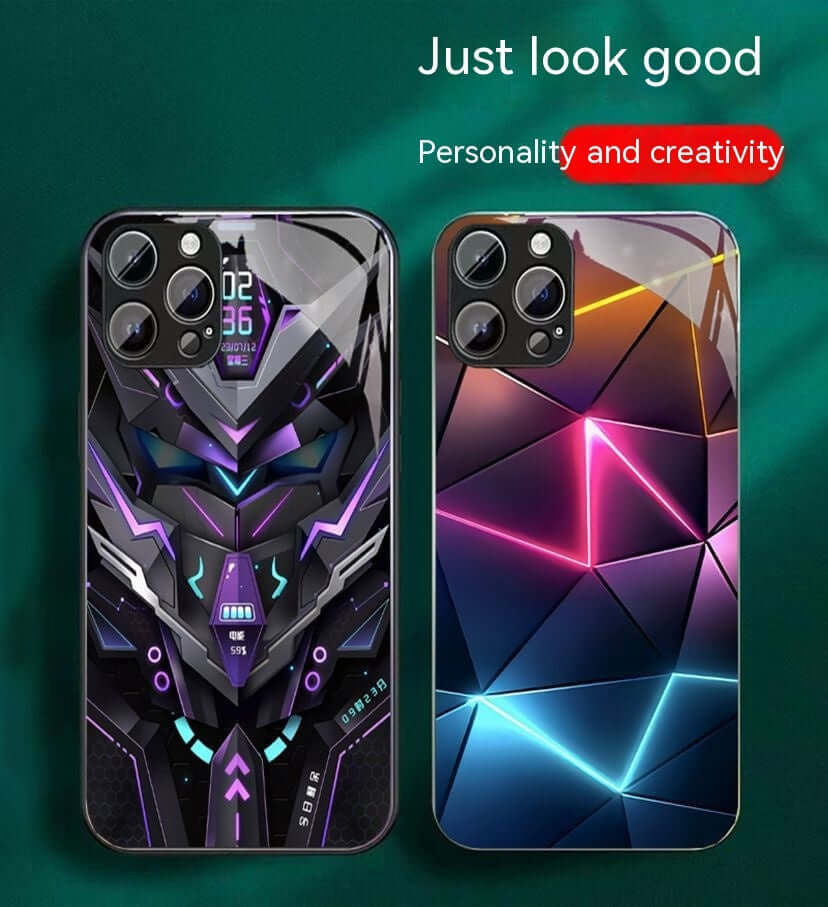Phone case featuring light-emitting mech design and geometric patterns, anti-fingerprint glass case for Apple models.
