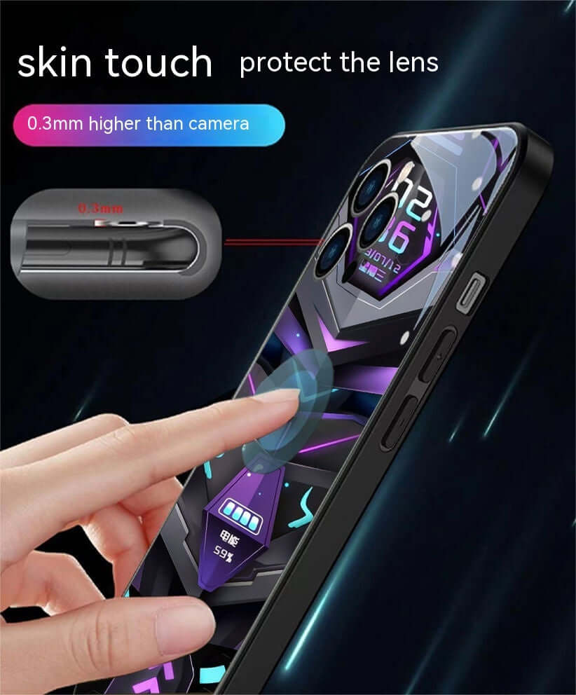 Phone case with skin touch feature, protecting lens, designed for Apple models, showcasing modern cartoon style.