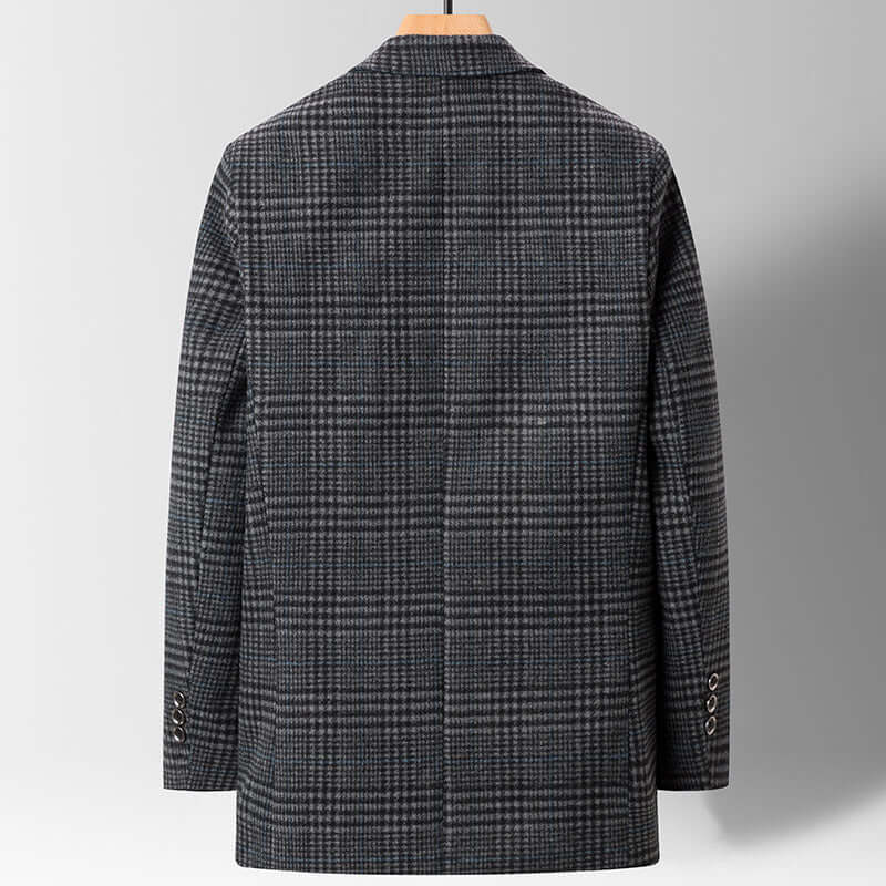 Back view of a men's business fine plaid casual suit in gray and blue tones, showcasing a professional design.