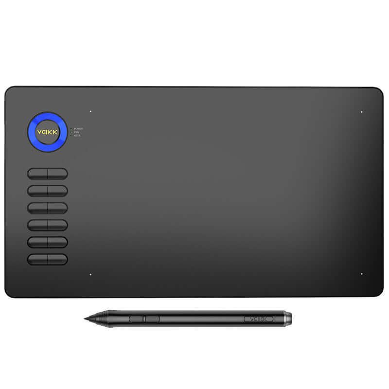 Digital drawing board with black surface and stylus pen, featuring smart touch and pressure sensitivity.