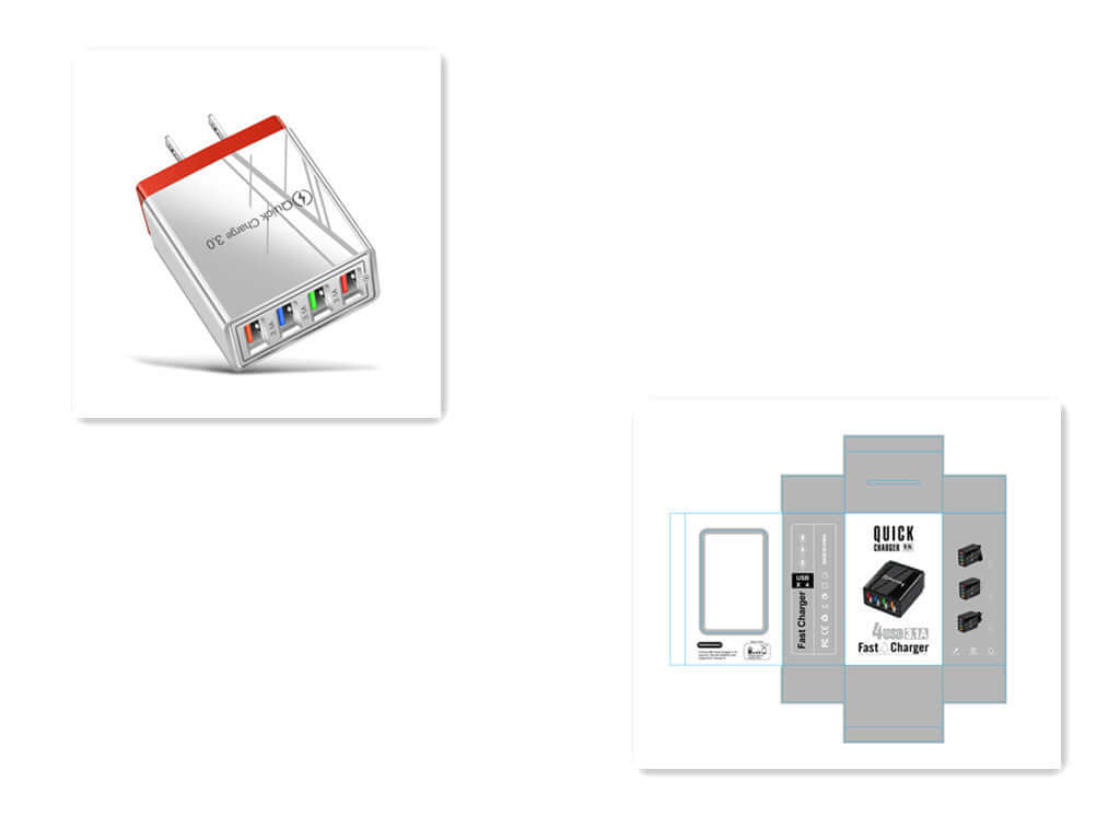 USB charger with four ports and quick charge 3.0, suitable for multiple devices and fast charging.