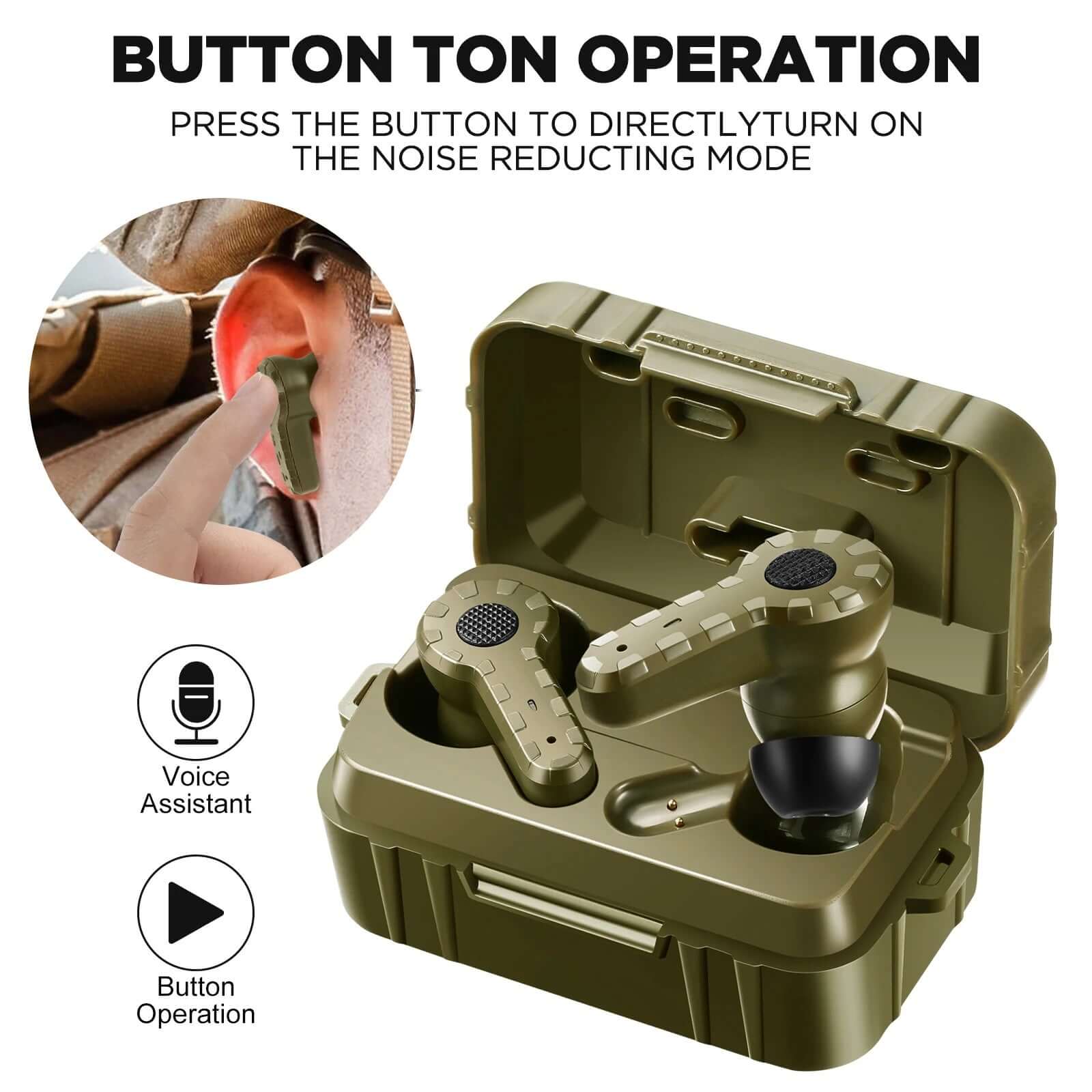 Tactical noise reduction headset in a green case, showcasing button operation and voice assistant features.