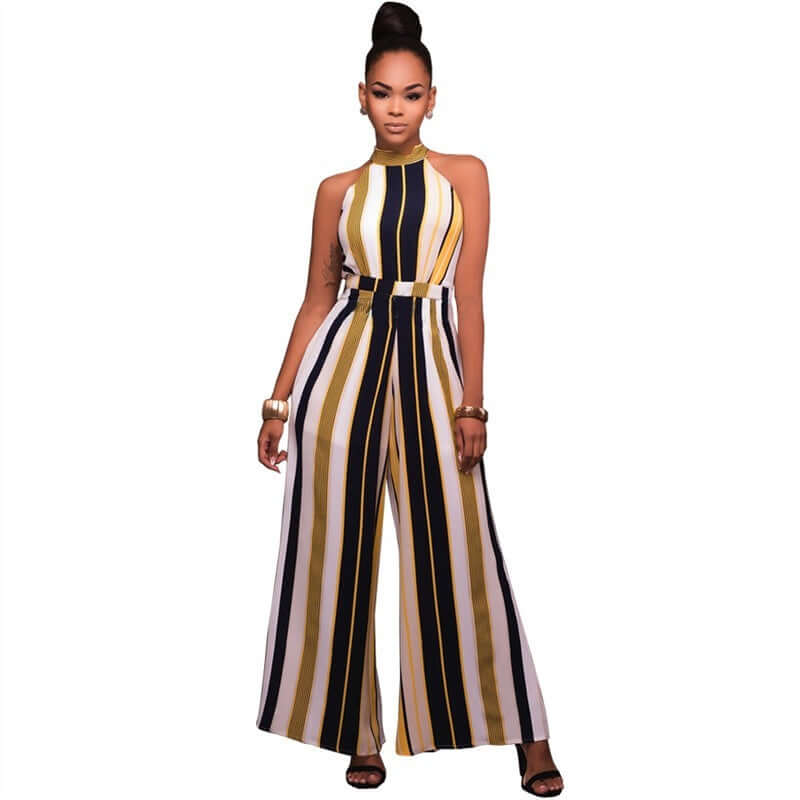 Summer romper women jumpsuit, sleeveless striped halter long plus size overalls featuring a casual elegant design.