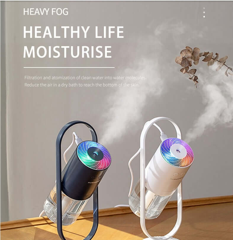 Magic Shadow USB Air Humidifier with colorful night lights and mist projection, enhancing home moisture and air quality.