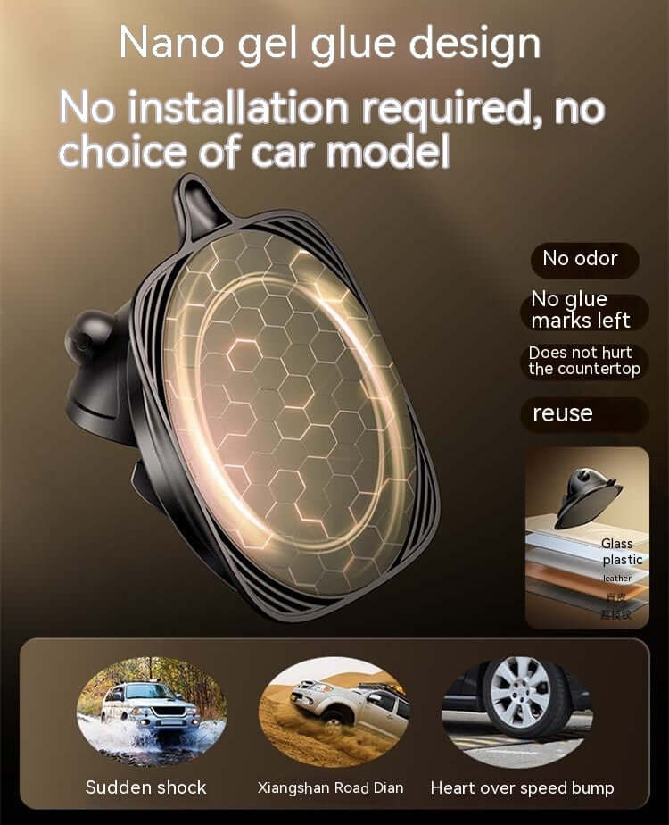 Universal car phone holder featuring nano gel design, no installation needed, strong grip, and no glue marks left behind.