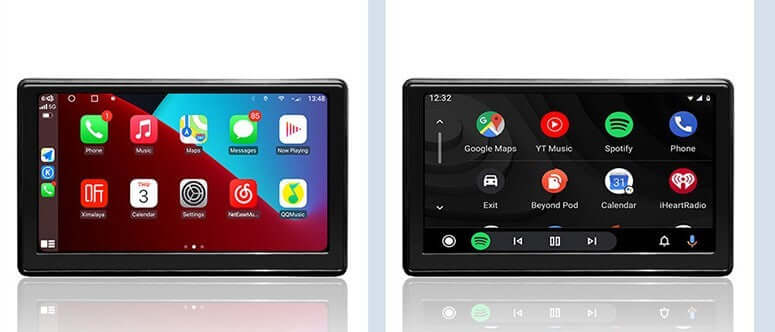 Portable IPS car smart screen showcasing wireless Android Auto and Carplay interfaces, 7-inch display.