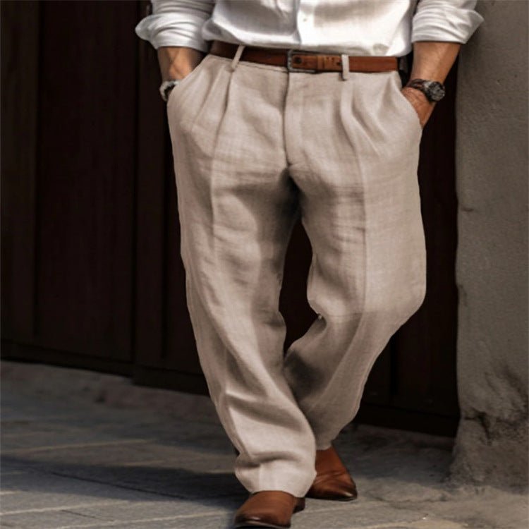 Men's Linen Trousers Double Pleated Front Pocket Straight Pure Color Comfort Breathable Casual - DBMP Shop