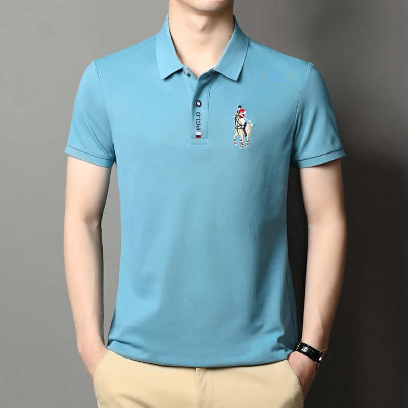 Men's summer lapel embroidered cotton pullover in light blue, featuring a short sleeve design.