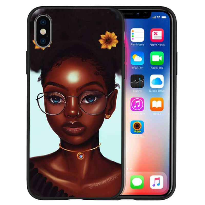Fashion girl phone case with artistic design showing a girl with glasses and a flower, suitable for stylish protection.