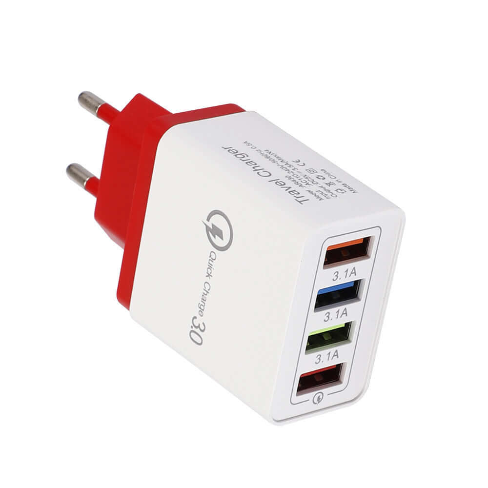 USB charger with four ports, Quick Charge 3.0 technology, portable wall adapter for fast charging devices.