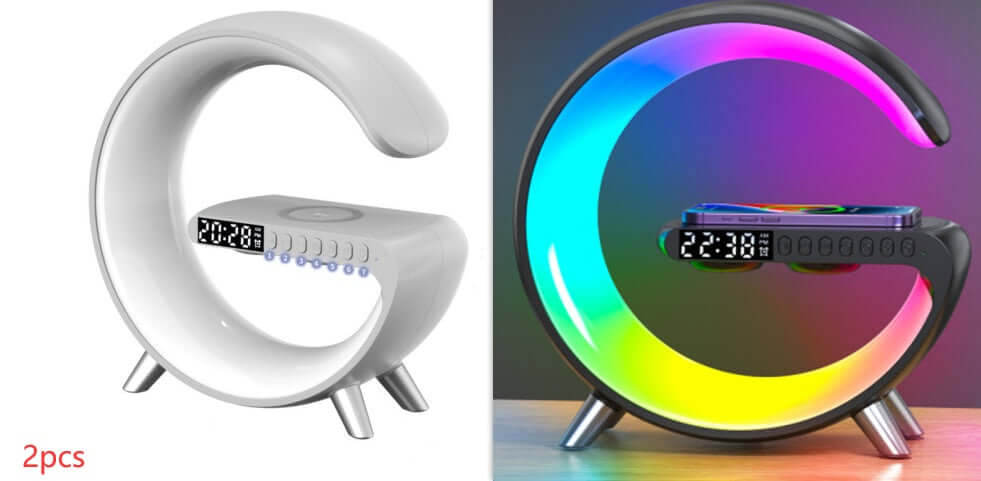 G shaped LED lamp with clock, multi-color lighting, and wireless charging feature for bedside décor.