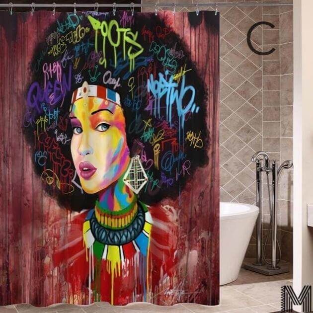 Art Design Graffiti Art Hip Hop African Girl with Black Hair Big Earring with Modern Building Shower Curtain for Bathroom Decor - DBMP (Electronics And More Store)