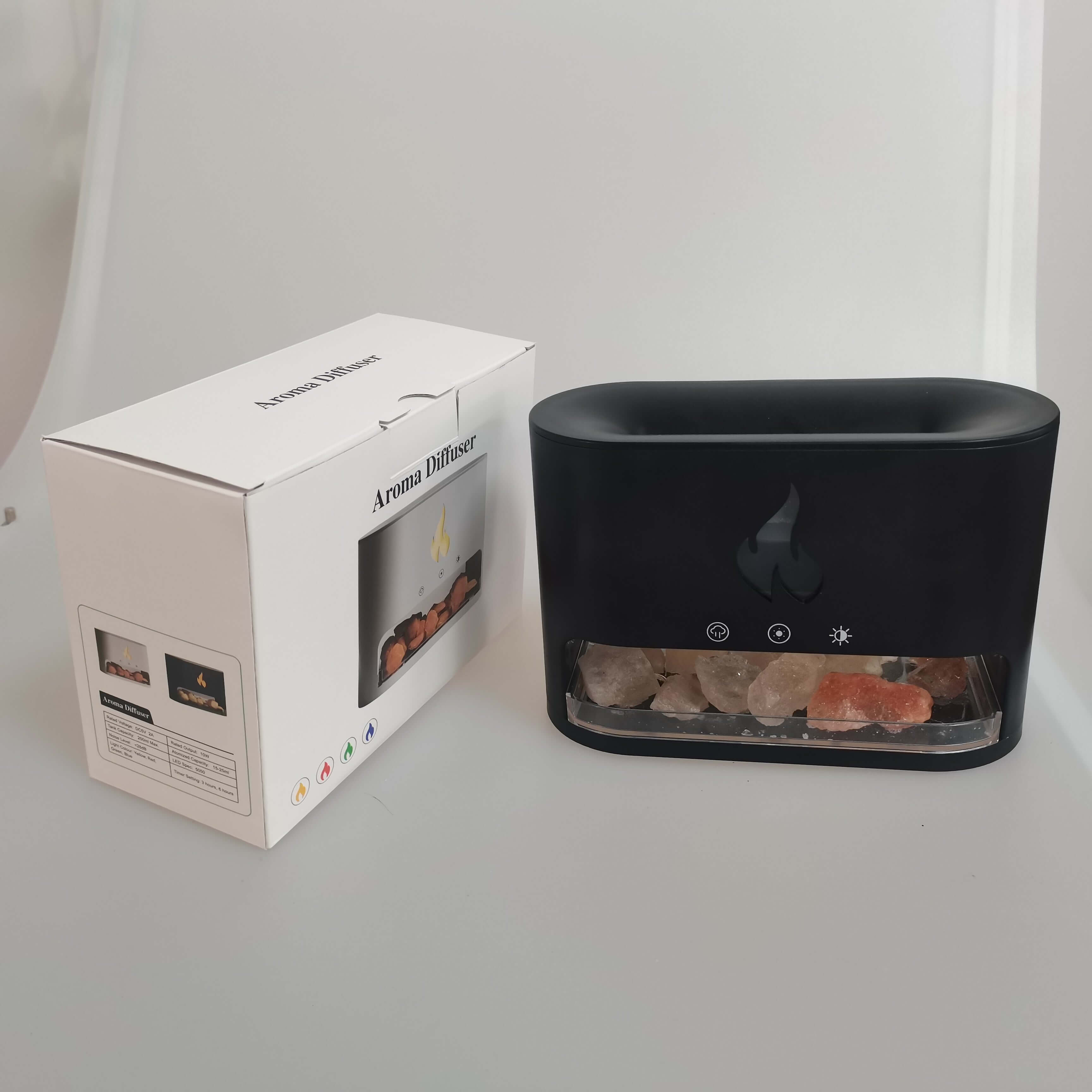 Crystal 2-in-1 Himalayan Salt Lamp and essential oil diffuser with black design and packaging.