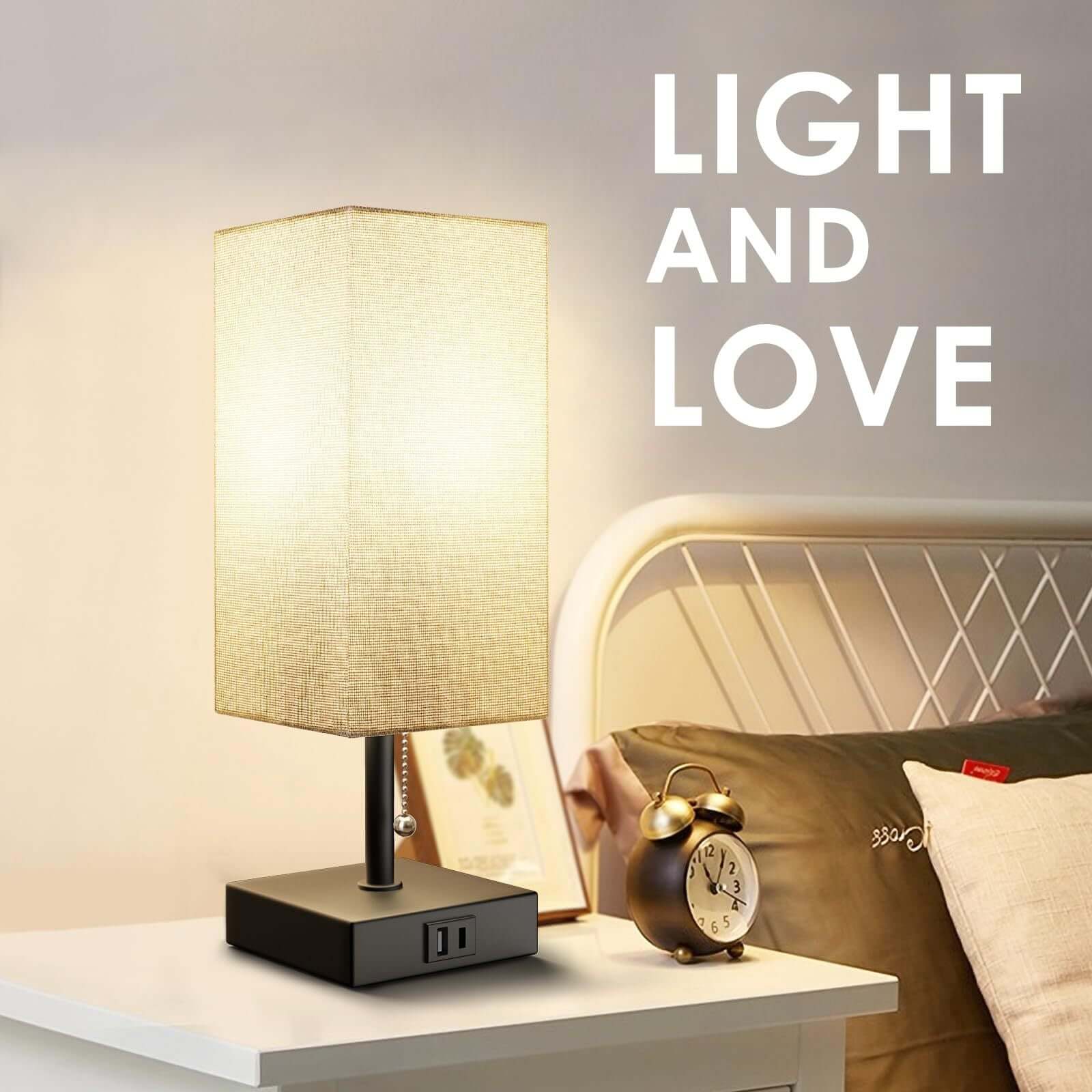 Modern bedside table lamp with USB ports, warm light shade, and decorative elements for bedroom ambiance.