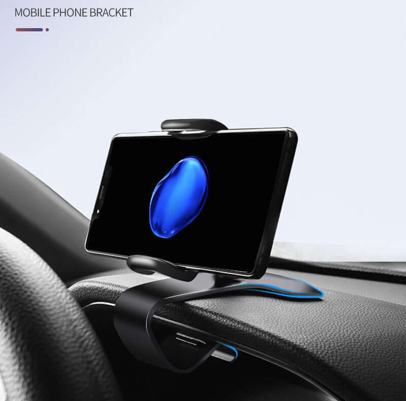 360-degree rotation universal car phone holder mounted on dashboard for convenient access and safety.